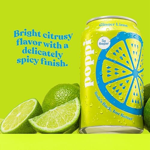 Poppi Sparkling Prebiotic Soda Beverage with Apple Cider Vinegar, Seltzer Water and Fruit Juice, Ginger Lime Flavor, 12 FL Oz, Pack of 12, Packaging May Vary