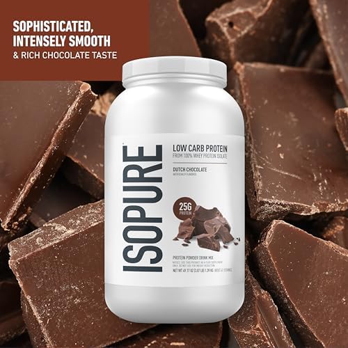 Isopure Low Carb 100% Pure Whey Isolate Protein Powder, Gluten Free, With Vitamins, Dutch Chocolate, 25g Protein Per Serving, 3.07 Lbs, 41 Servings (Packaging May Vary)
