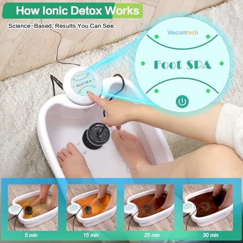 Veicomtech Ionic Foot Bath Detox Machine, Portable Foot Detox Machine for Salon, Ionic Foot Spa with auto 30 mins timer, Ion Foot bath Detox Machine with Basin, 2 Arrays and 100 Liners