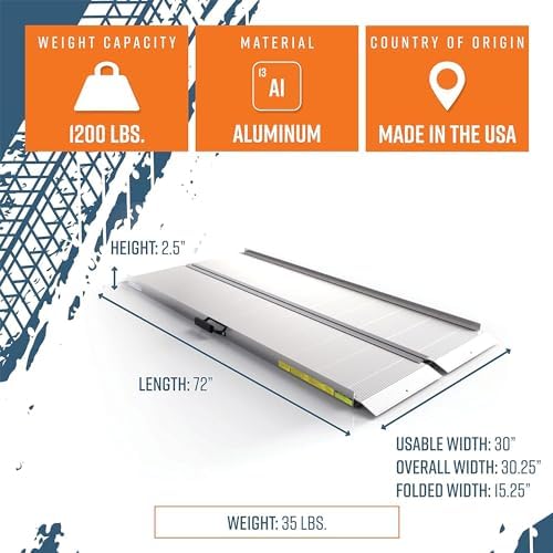 EZ-ACCESS TRAVERSE Aluminum Singlefold Folding Ramp, Portable Loading Ramps for Wheelchairs, Motorcycles, Lawn Tractors & ATVs, Heavy Duty Aluminum Folding Ramps with Carrying Handles (Silver, 6 Foot)