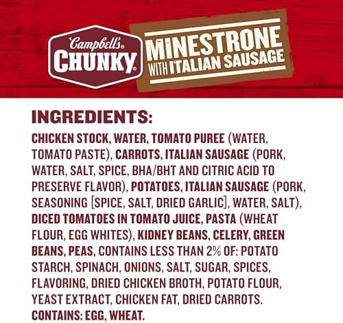 Campbell’s Chunky Soup, Minestrone with Italian Sausage Soup, 18.8 Oz Can