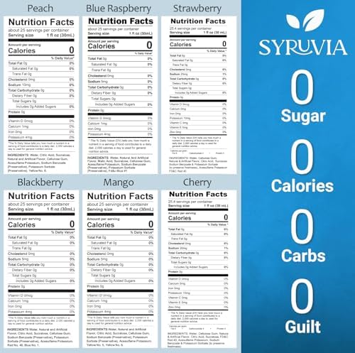 Syruvia Sugar Free Syrup Variety Pack: Peach, Strawberry, Blackberry, Mango, Cherry & Blue Raspberry - Gluten-Free, Kosher, 25.4 fl oz Bottles - Enhance Your Experience