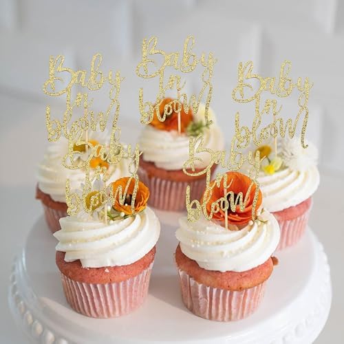 Baby In Bloom Cupcake Toppers - Glittered Paper Baby Shower Cake Decoration, Pregnancy Announcement Cup Cake Picks, 12 PCS Glitter Gold Baby In Bloom Toppers, Party Photo Props