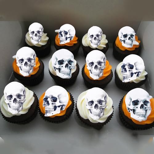 Rsstarxi 60 Pack Edible Skull Cupcake Toppers Edible Halloween Cake Decorations Rice Paper Skull Cake Picks Decorations for Halloween Birthday Baby Shower Party Decorations