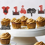 Ercadio 25 Pack Boxing Player Cupcake Toppers Black Red Glitter Boxing Gloves Cupcake Picks Boxer Gym Theme Round 1 Little Champion Baby Shower Birthday Party Cake Decorations Supplies