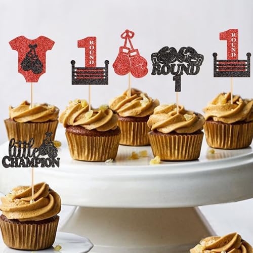 Ercadio 25 Pack Boxing Player Cupcake Toppers Black Red Glitter Boxing Gloves Cupcake Picks Boxer Gym Theme Round 1 Little Champion Baby Shower Birthday Party Cake Decorations Supplies