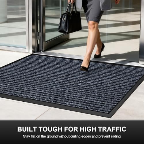 Commercial Floor Mat Non-Slip Waterproof, 2' x 3' Front Door Mat for High Traffic Areas, Easy Clean Low Profile Durable Rug, for Entryway, Indoor/Outdoor, Office, Industrial, Garage, Grey