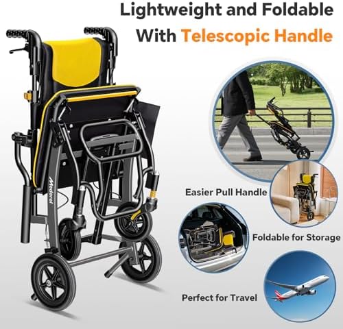 Transport Wheelchairs for Adults Lightweight Foldable Transport Chair with Telescopic Handle, Portable Folding Travel Transfer Wheel Chairs for Seniors