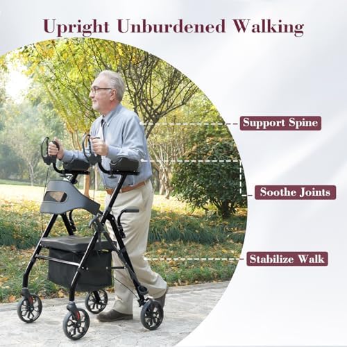 Upright Rollator Walker, Heavy Duty Stand Up Walkers for Seniors with Seat and Reversible Backrest, Foldable Standing Rollator with 8" Anti-Slip PU Wheels, Black