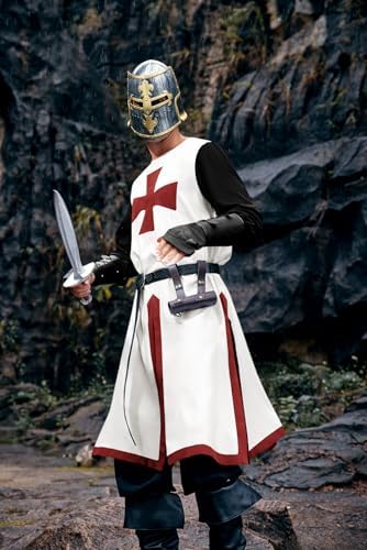 Ryannology Mens Crusader Costume Medieval Templar Renaissance Knight Warrior Tunic Retro Halloween Cosplay Top with Cross