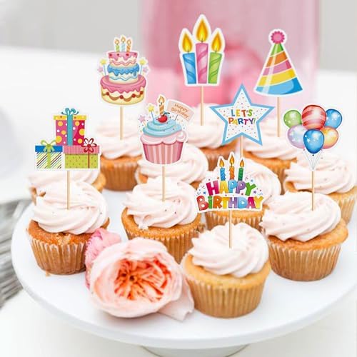 24pcs Happy Birthday Cupcake Toppers Colorful Birthday Cupcake Picks Baby Showe Kids' Birthday Party Decorations