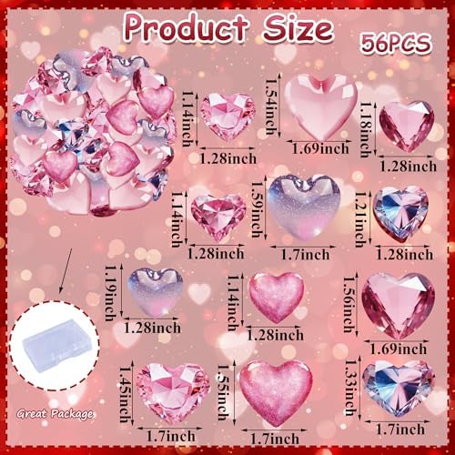 56PCS Edible Crystal Heart Cupcake Toppers Wafer Paper Pink Diamond Heart Cupcake Picks Be Mine Cake Decor for Valentine's Day Theme Engagement Party Decoration Supplies