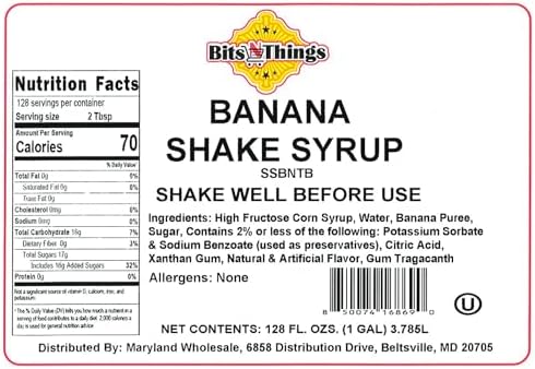 Bits N Things Banana Shake Smoothie Dessert and Beverage Flavoring Syrup | Kosher | 1 Gallon