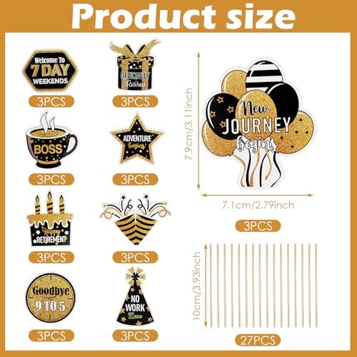 27 Pcs Happy Retirement Cupcake Toppers,NO DIY Retired Cupcake Picks Happy Retirement Theme Party Cake Decorations Gold Glitter,Birthday Cake Topper Supplies Retired Party Table Decorations Black Gold