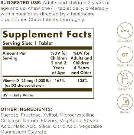 Solgar Vitamin D3 (Cholecalciferol) 25 mcg (1000 IU), Natural Strawberry Banana Swirl - 100 Chewable Tablets - Non-GMO, Kosher - 100 Servings