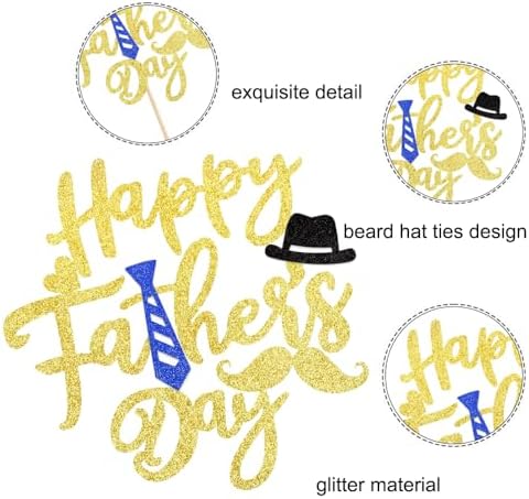 10Pcs Happy Father's Day Cake Toppers - Gold Glitter Large Father's Day Cupcake Topper Father Day Theme Party Cake Decoration Dad Cake Toppers Pick with Beard Hat Design for Icing Dessert DIY Supply