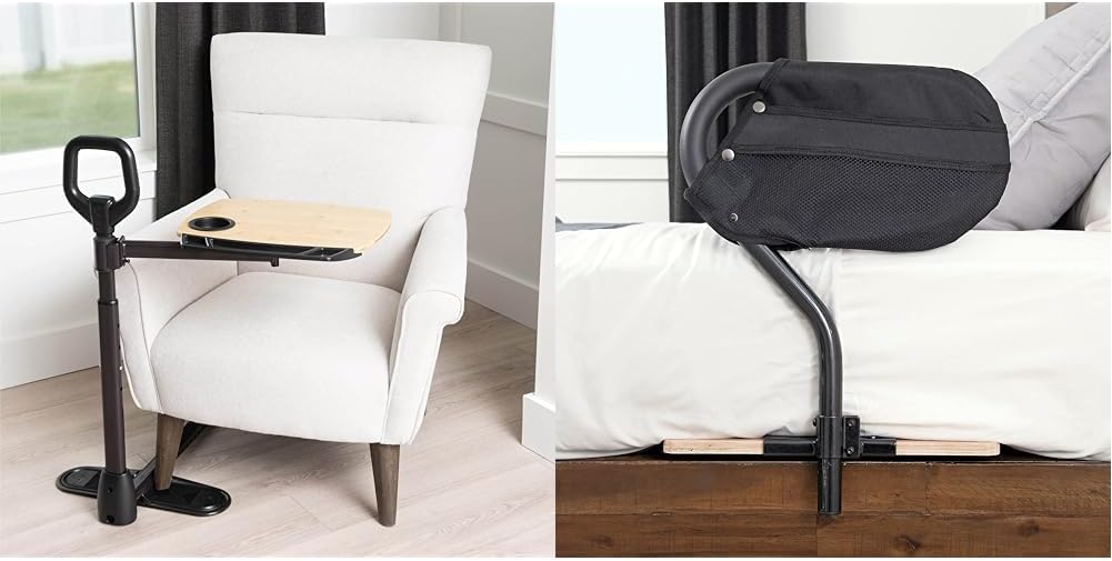 Able Life Able Tray Table, Adjustable Bamboo Swivel TV and Laptop Table & Stander BedCane, Adult Bed Rail and Support Handle, Height Adjustable Elderly Stand Assist with Organizer Pouch