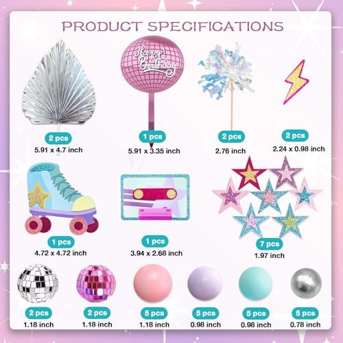 40pcs Roller Skate Cake Toppers 80s 90s Disco Ball Cake Decorations, Retro Girl Birthday Decor with Mini Balls for Skating Theme Party Supplies