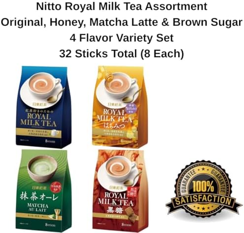 Nitto Royal Milk Tea Assortment – Original, Honey, Matcha Latte & Brown Sugar – 32 Sticks Total (8 Each) – Japanese Instant Milk Tea Variety Set