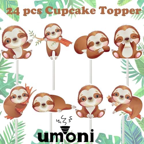 24Pcs Sloth Cupcake Toppers Sloth Party Decorations for Sloth Theme Animal Theme Birthday Party Supplies