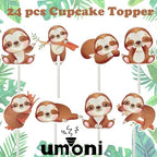 24Pcs Sloth Cupcake Toppers Sloth Party Decorations for Sloth Theme Animal Theme Birthday Party Supplies