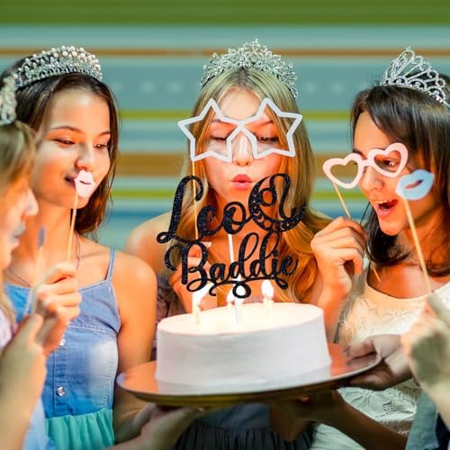 Leo Baddie Cake Topper, Big Leo Energy Cake Decor, It's Leo Birthday, 12 Constellation Zodiac Themed Birthday Party Decorations, Black Glitter