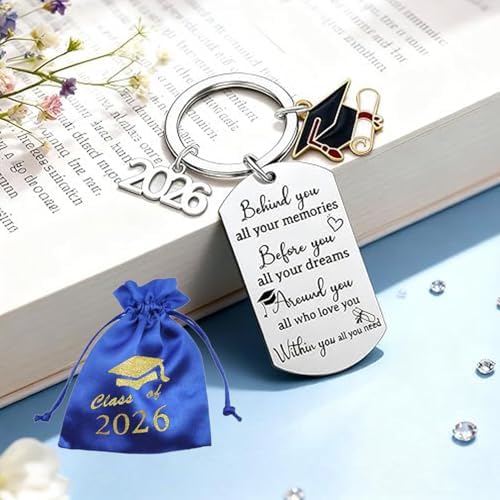 2026 Graduation Gifts Keychain with Poem, Class of 2026 Senior Gift for Her Him, Blue Velvet Pouch & Gift Box