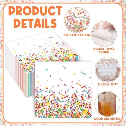 100 Pcs Sprinkles Napkins 2 Ply Disposable Paper Napkins for Baby Shower Birthday Party Theme Table Decor Supplies(White,Confetti)