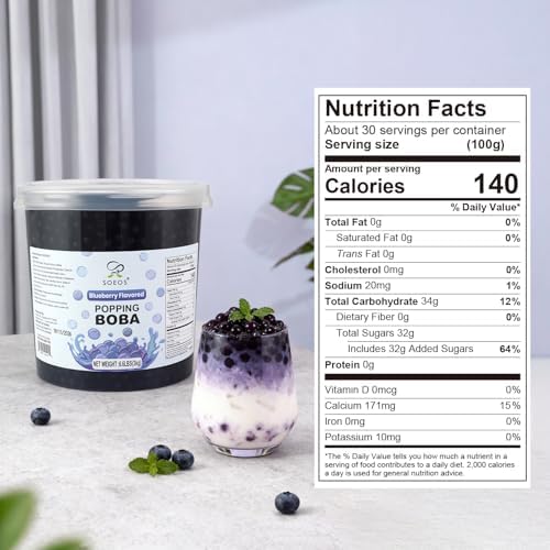 Soeos Blueberry Popping Boba, 6.6 lbs (3Kg), Bursting Boba Pearls for Bubble Tea, Beverages, Shakes, Desserts, Smoothie and Ice Cream Topping, Ready to Serve
