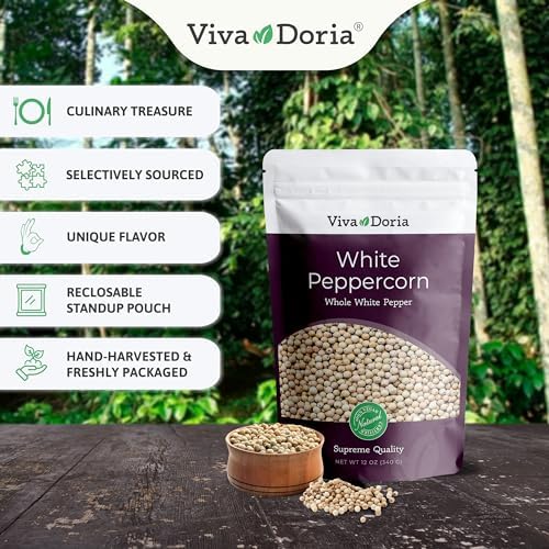 Viva Doria Tellicherry Peppercorn, (Whole Black Pepper) 12 Oz & Whole White Peppercorn (Whole White Pepper) 12 oz for Grinder Refill