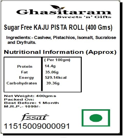 Ghasitaram Gifts Indian Sweets - Mother's Day Gifts - Sugar Free KAJU Pista ROLL (400 GMS)