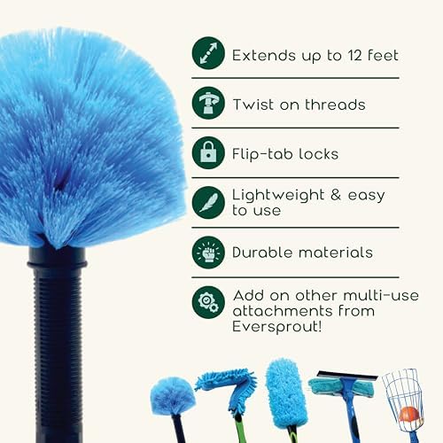 EVERSPROUT 5-to-12ft Telescoping Durable Duster with Extension Pole – Lightweight 3 Stage Cobweb Duster – Extendable to 20ft Reach for Cleaning High Ceilings and Spider Webs