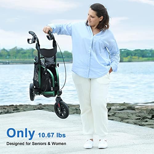 WALK MATE 3 Wheel Rollator Walker with Seat for Slim Seniors, Padded Backrest Lightweight Foldable Travel Walker Ideal for Elderly, 8 Inch Tri-Wheel Modern Mobility Walking Aid Aluminum, Green