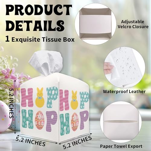 Easter Tissue Box Cover - Hop Bunny Leather Tissue Holder Square Tissue Cube Box - Easter Decor for Night Stands, Vanity Countertop, Car, Office, Home Desk Tabletop Supplies & Decorations - A02