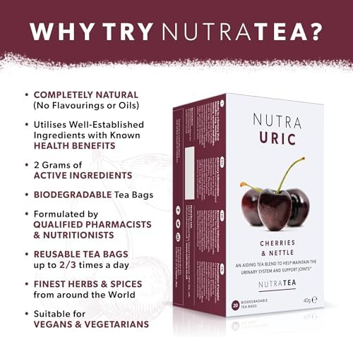 NUTRAURIC - Uric Acid Cleanse and Kidney Support – Kidney Cleanse Tea – Includes Cherry, Nettle & Turmeric - 20 Enveloped Tea Bags - by Nutra Tea - Herbal Tea
