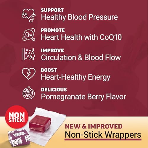 Force Factor Total Beets Ultimate Heart Health Chews for Blood Pressure Support, with Beetroot Powder, CoQ10, B Vitamins & Grapeseed Extract for Blood Flow & Energy, Pomegranate Berry, 60 Soft Chews