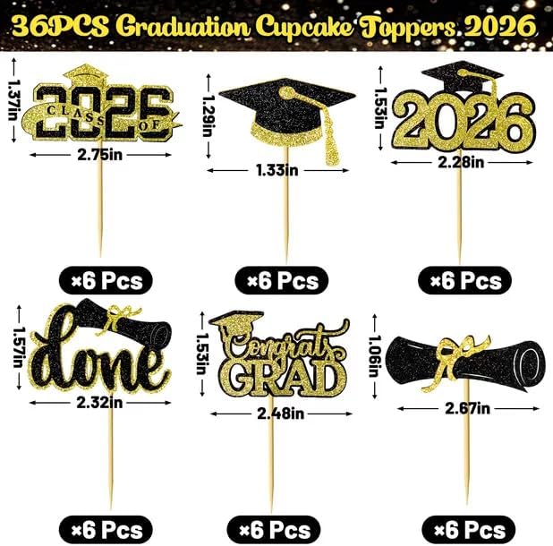 Graduation Decorations 2026 Cupcake Toppers, 36 Pcs Black & Gold Glitter Cap & Diploma Class of 2026 Cake Topper, Cake Picks & Toppers for Congrats Grad Party Decor Supplies