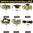 Graduation Decorations 2026 Cupcake Toppers, 36 Pcs Black & Gold Glitter Cap & Diploma Class of 2026 Cake Topper, Cake Picks & Toppers for Congrats Grad Party Decor Supplies