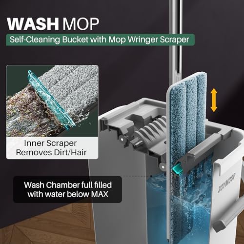JOYMOOP Mop and Bucket with Wringer Set, Flat Squeeze Mop Flat Head, Dust Mops for Wall Cleaner with Long Handle, Hands-Free Microfiber Mops for Floor Cleaning - White