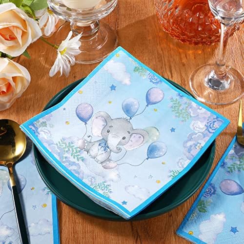 Spakon 100 Pcs Elephant Baby Shower Paper Napkins Bulk 2 Ply 6. 5 x 6. 5 Inches Blue and White Paper Napkins Elephant Baby Shower Decorations for Kids Birthday Gender Reveal Party Supplies