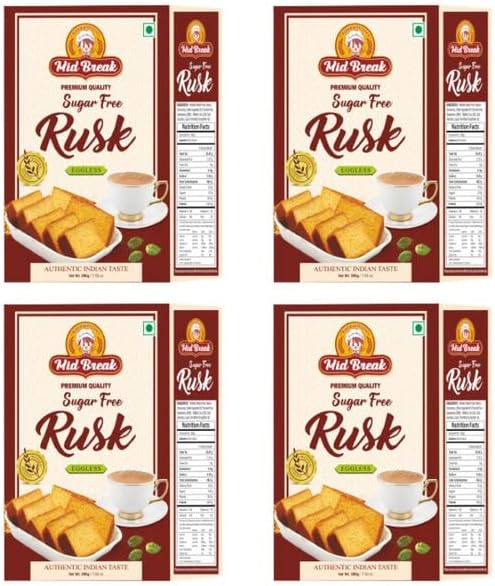 Midbreak No Added Sugar Rusk - 200gm (Pack Of 4) | Handmade & Crispy Toast With | Eggless & Healthy Teatime Snack | Authentic Indian Elaichi Rusks