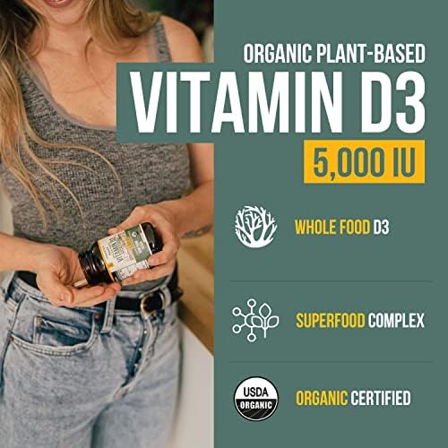 Organic Vitamin D3 5,000 IU - 100% Whole Food & Plant-Based Cholecalciferol Form, 100% Vegan Vitamin D - Enhanced with Prebiotic & Superfood Complex – Organic, Vegan, GMO & Gluten Free (60 Capsules)