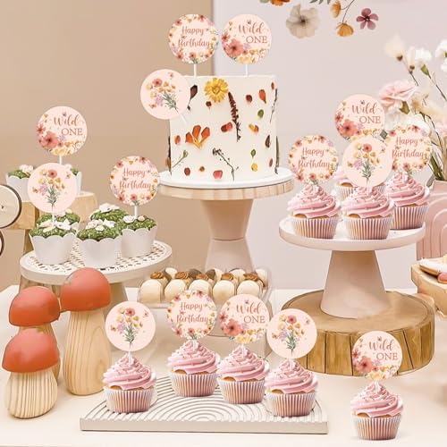 Wild One Birthday Decorations Girl, 36pcs Wildflower First Birthday Decorations Cupcake Toppers 3 Tpyes Double-Sided Printing Pre-Assembled for Our Little Wildflower Is Turning One Decor