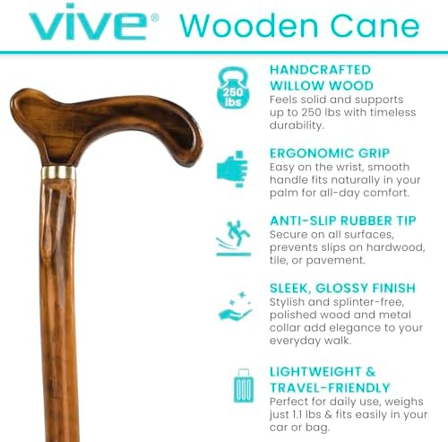Vive Wooden Walking Stick Cane - for Men, Women, & Seniors - 36 Inch Single Point Rubber Tip with Willow Handle - Ergonomic Grip for Balance & Stability - Lightweight Elderly Assistance Product