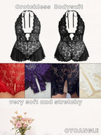 OYOANGLE Women's Plus Size Cut Out Tie Back Halter Lace Teddy Romper Bodysuit Lingerie
