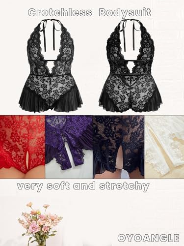 OYOANGLE Women's Plus Size Cut Out Tie Back Halter Lace Teddy Romper Bodysuit Lingerie