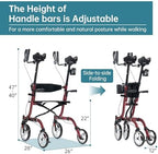 ELENKER Upright Rollator Walker, Stand Up Folding Rollator Walker Back Erect Rolling Mobility Walking Aid with Seat, Padded Armrests for Seniors and Adults, Red