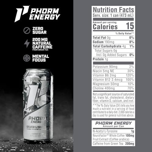 Phorm Energy Drink, Silver Lightning Flavor, 200 MG Natural Caffeine From Green Tea, Sugar Free Carbonated Drink With Electrolytes & Vitamin B12, Dairy & Gluten Free, Vegan, 16 FL Oz Cans, 12 Pack