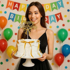 Bow Cake Topper,12 PCS Ribbon Cake Topper with 1PC Happy Birthday Sign for Coquette Birthday Party Decorations,Bowknot Cake Decorations Accessory for Women (Gold)