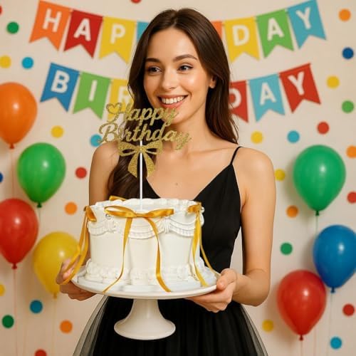 Bow Cake Topper,12 PCS Ribbon Cake Topper with 1PC Happy Birthday Sign for Coquette Birthday Party Decorations,Bowknot Cake Decorations Accessory for Women (Gold)